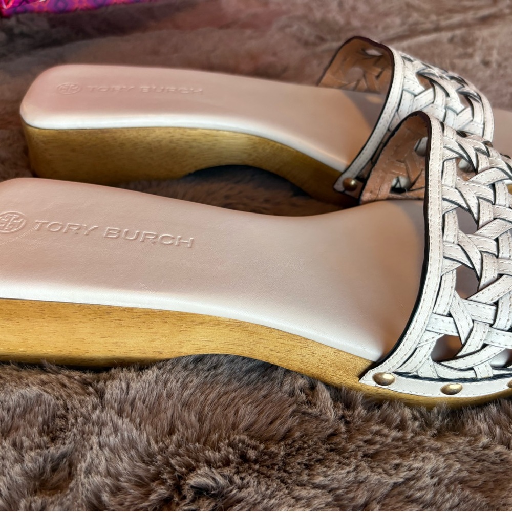 Tory Burch Cream Woven Slide Sandals - Picture 2 of 5